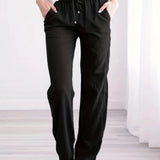 Black 5XL women's drawstring pants, lightweight and breathable with a relaxed fit, waist tie, and full leg coverage.