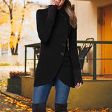
A woman wearing a black elegant slim fit trench coat suitable for fall and winter fashion, featuring a tailored waist, long sleeves, and a classic collar. She is standing in a pose that highlights the coat's design.