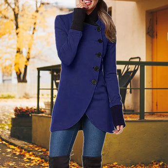 Elegant olive green slim-fit trench coat for women, featuring long sleeves, a tailored waist, and a classic collar design. The coat extends to knee length, perfect for fall and winter fashion.