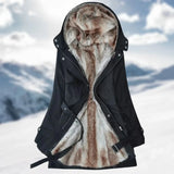 Olive green women's fur-lined winter parka with a black color variant, shown in size 3XL, featuring a stylish collar and sleeve detailing.