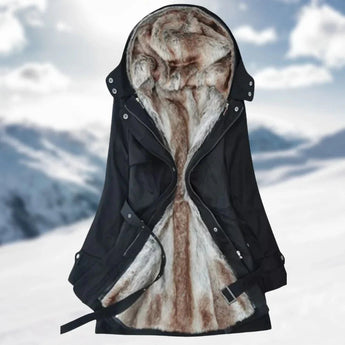 Olive green women's fur-lined winter parka with a black color variant, shown in size 3XL, featuring a stylish collar and sleeve detailing.
