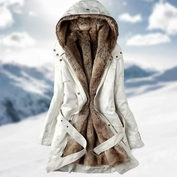 Olive green women's fur-lined winter parka with a beige color in size 3XL, featuring a cozy fur collar and insulated design for warmth. The coat showcases stylish outerwear elements with long sleeves, suitable for eco-friendly winter fashion.