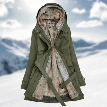 Olive green women's fur-lined winter parka in size 3XL, featuring an insulated design with a cozy fur collar. The eco-friendly coat showcases long sleeves and a fashionable silhouette, ideal for cold, snowy days.
