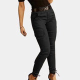 Olive green women's high-waisted skinny cargo pants featuring a zipper, designed with pockets on the sides and a fitted silhouette.