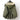 Olive green women's hooded cape jacket in a silk blend, featuring an elegant military style with a structured collar and button details.