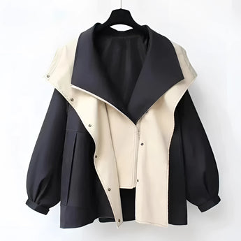 Elegant black silk blend women's hooded cape jacket in a military style, featuring a stylish collar and sleeves, displayed on a clothes hanger.