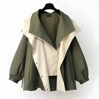 Olive green silk blend women's hooded cape jacket in an elegant military style, featuring long sleeves and a tailored fit, available in size 3XL.