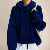 
A woman wearing an oversized blue hoodie with a loose collar and long sleeves, suitable for cozy fall and winter fashion.
