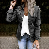 
A black women's slim fit utility jacket designed for casual fall fashion, with long sleeves and a stylish collar, paired with jeans. The jacket is shown in a size 2XL.