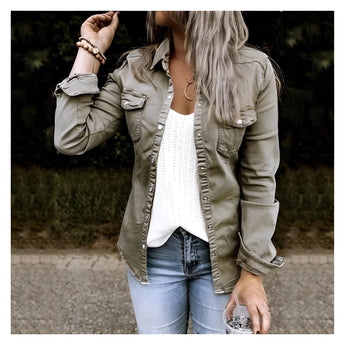 Olive green women's slim fit utility jacket in gray, featuring long sleeves, a defined waist, and a casual collar, styled for fall fashion.