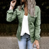 Olive green women's slim fit utility jacket featuring long sleeves, a collared neckline, and a tailored waist, styled for casual fall fashion.