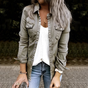 Olive green women's slim fit utility jacket featuring a casual fall fashion style, with a structured collar, long sleeves, and tailored waist for a flattering fit.