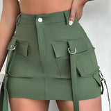 Olive green women's utility mini cargo skirt with a belt and pockets, displayed on a person wearing a white top.