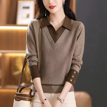 Olive green women's V-neck sweater with a contrast white collar and button detail, featuring long sleeves and tailored for a stylish and fashionable appearance in size 5XL.