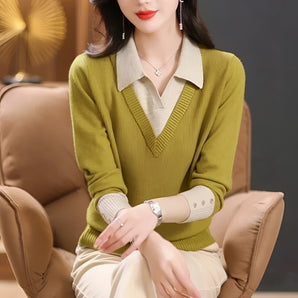 Olive green women's V-neck sweater with a contrast collar and button detail, shown in yellow-green color and size 5XL.
