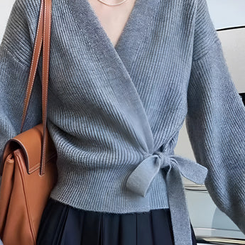 Olive Green Women's V-Neck Wrap Sweater with a casual chic design for autumn, featuring long sleeves and a wrap style that accentuates the waist.