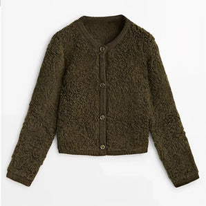 
Olive green wool cardigan featuring a textured knit design, button front, and long sleeves, ideal for fall fashion.