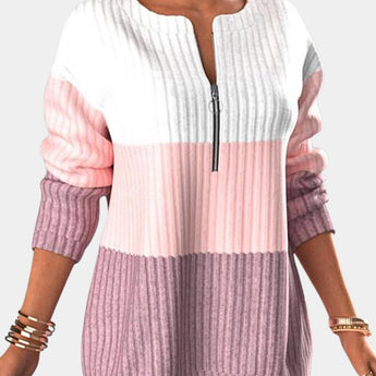 
A women's ombre gradient knit sweater featuring blue stripe patterns, showcasing long sleeves, and a relaxed fit. The sweater is displayed in the 'Rose' color variant, size XL, highlighting its stylish neckline and high-quality knitwear design.