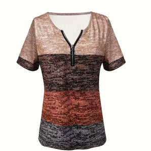 Ombré V-neck zipper top featuring a gradient design with short sleeves, blending grey and magenta hues.