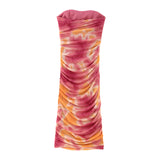 
One-shoulder evening dress in pink and orange tie-dye pattern, displayed elegantly on a mannequin against a neutral backdrop.