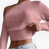 One-shoulder ribbed knit crop top in pink, showcasing an asymmetric design with long sleeves and a snug fit, ideal for women's fashion.