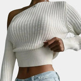 One-shoulder ribbed knit crop top in white for women, featuring an asymmetric design with long sleeves, displayed on a mannequin.