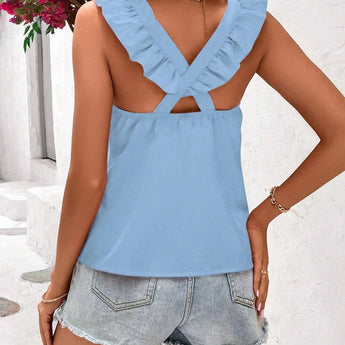 Orange sleeveless tank top with criss-cross back, featuring a stylish and casual summer design for women.