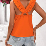 
A woman's sleeveless orange tank top with a criss-cross back design, ideal for summer fashion. The top is styled on a mannequin or model showcasing the shoulder, neck, and arm areas, highlighting the vibrant orange color and intricate back detailing.