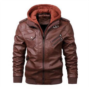 Orange hooded jacket with leather details, featuring a stylish urban design, suitable for winter; available in a vibrant red color and size 3XL, showcasing sleeves, a collar, and crafted from natural materials.