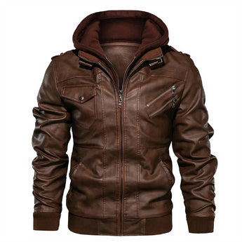 Brown 3XL urban style winter coat with leather accents, featuring a hood, long sleeves, and a fashionable collar, designed with natural materials for warmth and style.