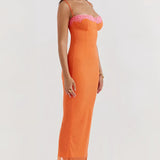 Orange lace trim spaghetti strap corset dress featuring a fitted waist and a stylish summer fashion design.