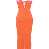 Orange lace trim spaghetti strap corset dress with fitted sheath silhouette, showcasing delicate lace details and stylish summer fashion elements.