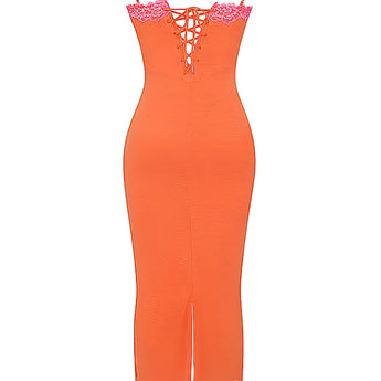 Orange lace trim spaghetti strap corset dress with fitted sheath silhouette, showcasing delicate lace details and stylish summer fashion elements.