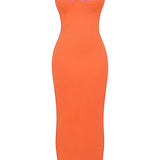 Orange lace trim spaghetti strap corset dress with sheath silhouette, showcasing summer fashion design.