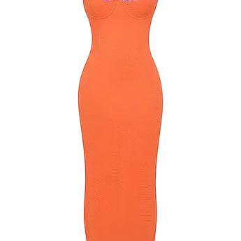 Orange lace trim spaghetti strap corset dress with sheath silhouette, showcasing summer fashion design.