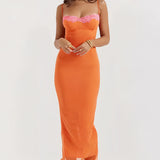 Orange lace trim spaghetti strap corset dress with intricate lace detailing, showcasing a sleeveless design that emphasizes the shoulders and neckline, perfect for summer fashion.