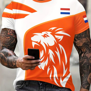 Men's urban style t-shirt featuring a bold orange lion graphic, with short sleeves and a fashion-forward design. The tee is primarily white with black accents, offering a sporty and stylish look suitable for casual outings.