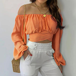 Orange off-shoulder puff sleeve crop top in size 2XL for women, featuring a stylish summer design with exposed shoulders and voluminous sleeves.