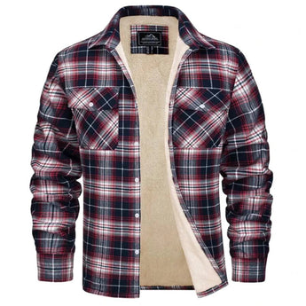Men's red and orange plaid flannel shirt in a cotton tartan pattern, featuring long sleeves, a collar, and front pockets, available in size 5XL.