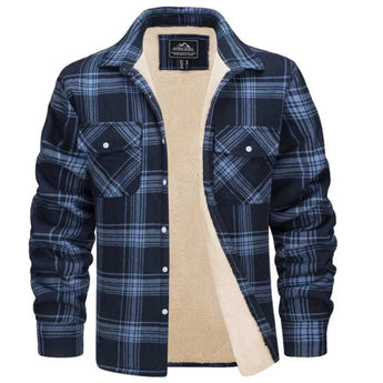 Men's orange plaid flannel shirt in a tartan pattern, featuring a collar and long sleeves with pockets, made from cotton fabric.