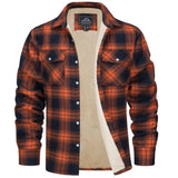 Orange plaid flannel shirt for men in a cotton tartan design, featuring a button-up front, long sleeves, and practical chest pockets, shown in a 5XL size.