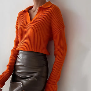 Orange Ribbed Polo Collar Sweater - Women's Fall & Winter Fashion