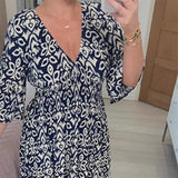 Marine blue geometric V-neck summer dress in 5XL size with a cinched waist, featuring short sleeves and a stylish design.