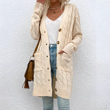 Oversized beige cable knit cardigan with a cozy, textured pattern, featuring long sleeves and a comfortable fit, perfect for winter fashion.