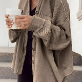 Oversized beige corduroy jacket for women in a casual fall fashion style, shown in brown color and size 2XL. The jacket features a relaxed fit with long sleeves, suitable for cooler weather.