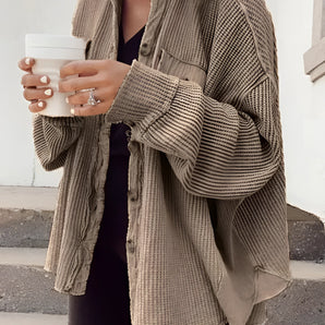 Oversized beige corduroy jacket for women in a casual fall fashion style, shown in brown color and size 2XL. The jacket features a relaxed fit with long sleeves, suitable for cooler weather.