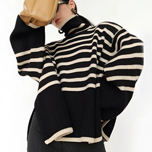 Oversized Black & White Chunky Knit Turtleneck Sweater