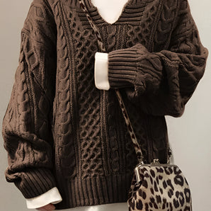Oversized Brown Cable Knit Sweater - Women's Chunky Lantern Pullover