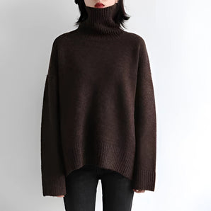 Oversized brown turtleneck sweater for women in a chunky knit design, featuring long sleeves and a loose fit, suitable for winter wear, displayed in a coffee color and 2XL size.