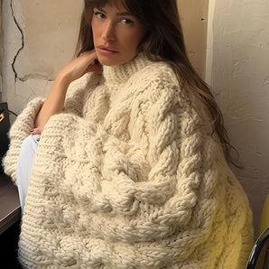 Oversized Cable Knit Wool Sweater - Chunky White Hand-Knitted Fashion